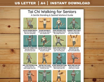 Tai Chi Walking Workout for Seniors & Women, Printable Balance Exercise Chart PDF, Gentle Home Fitness Poster for Older Adults