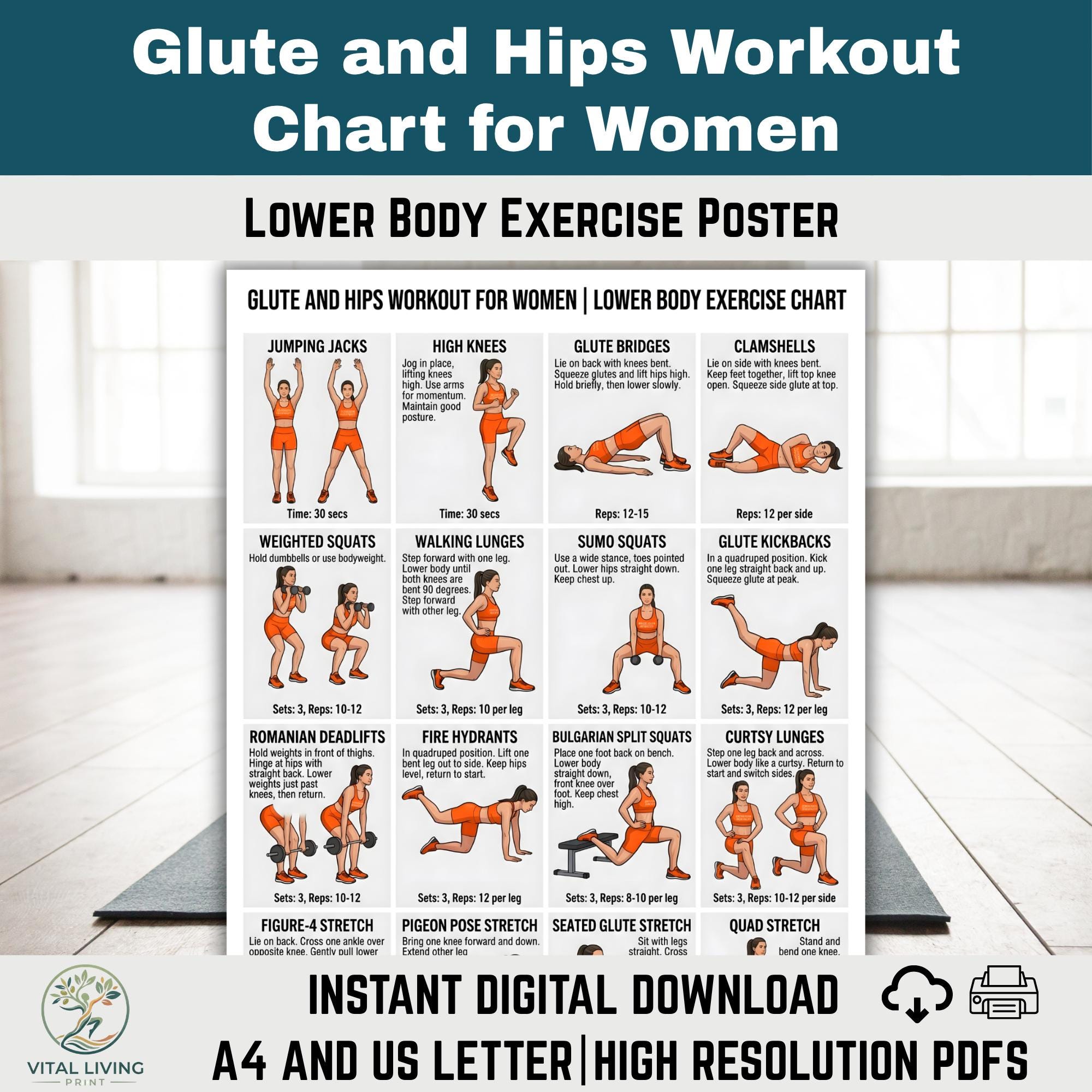 Glute and Hips Workout Chart for Women, Lower Body Exercise Poster ...