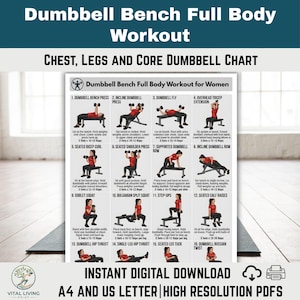 Può includere: Un grafico di allenamento completo con manubri per donne, con esercizi per petto, gambe e core. Il grafico include illustrazioni e istruzioni per vari esercizi. Il testo recita "Download digitale istantaneo".