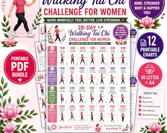 28 Day Walking Tai Chi Challenge for Women Printable PDF | 12 Charts, 4 Week Balance & Mobility Program, Exercise Guide (Digital Download)