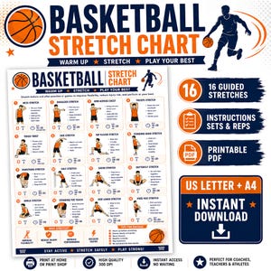 Könnte beinhalten: Ein Basketball-Dehnungsdiagramm mit 16 geführten Übungen, Illustrationen und Anleitungen. Das Dokument enthält Abschnitte zum Aufwärmen, Dehnen und zur Leistungssteigerung sowie Hinweise auf US Letter- und A4-Formate zum Herunterladen.