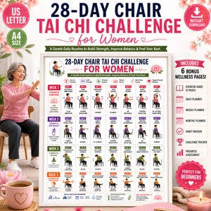 28 Day Chair Tai Chi Challenge Chart for Women Printable PDF | 4 Week Balance & Flexibility Program, Exercise Guide, Workout Planner