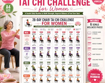 28 Day Chair Tai Chi Challenge Chart for Women Printable PDF | 4 Week Balance & Flexibility Program, Exercise Guide, Workout Planner