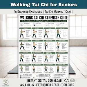 May include: A white instructional poster titled Walking Tai Chi Strength Guide featuring sixteen illustrated standing exercises with text instructions, set and repetition counts, and safety tips for building leg strength and core control.
