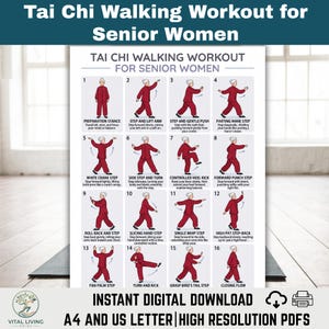 Puede incluir: Un póster blanco con un encabezado en color teal que dice "Tai Chi Walking Workout for Senior Women". El póster ilustra 16 pasos de un entrenamiento de marcha de Tai Chi con figuras de palo con trajes rojos. El texto inferior dice "Instant Digital Download".
