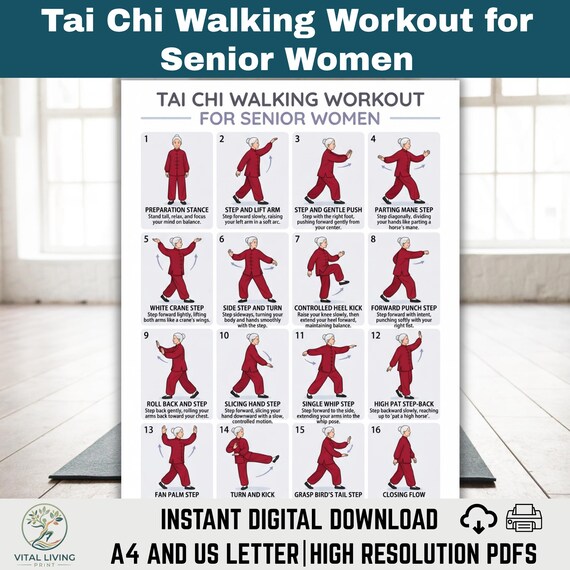 Tai Chi Walking Workout for Senior Women, Low Impact Exercise Printable, Daily Gentle Movement Flow Chart (Digital Download)