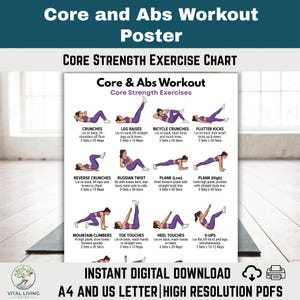 Puede incluir: Un póster de fitness titulado "Core and Abs Workout Poster" con una tabla de ejercicios de fuerza abdominal. La tabla incluye ilustraciones e instrucciones para varios ejercicios. Descarga digital instantánea.