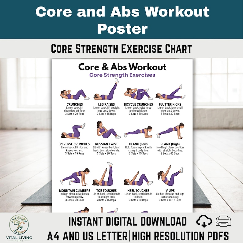 Core & Abs Workout Poster, No Equipment Home Fitness Guide, Printable ...