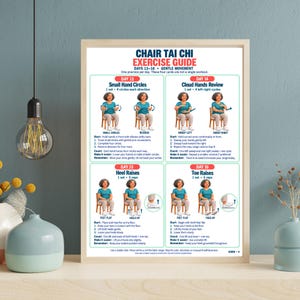 May include: A framed Chair Tai Chi Exercise Guide poster for days 13-16, featuring illustrations of seated movements including small hand circles, cloud hands, heel raises, and toe raises with step-by-step instructions printed in blue and red text.