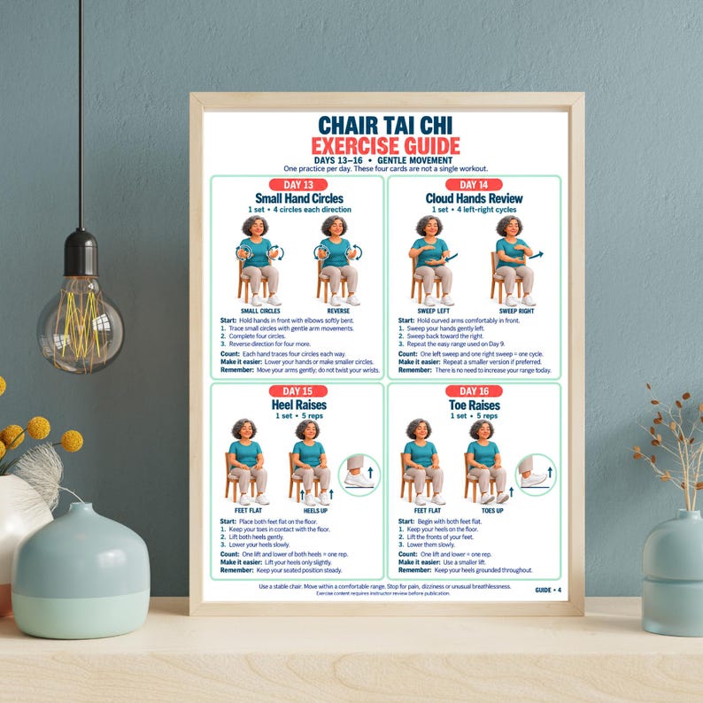 May include: A framed Chair Tai Chi Exercise Guide poster for days 13-16, featuring illustrations of seated movements including small hand circles, cloud hands, heel raises, and toe raises with step-by-step instructions printed in blue and red text.