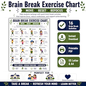 Puede incluir: Un gráfico de ejercicios de pausa cerebral con 16 actividades físicas ilustradas e instrucciones de movimiento, incluyendo saltos, estiramientos y ejercicios de respiración. El gráfico incluye etiquetas de texto, iconos y un diseño para A4.