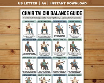Stuhl-Tai Chi für Senioren Balance-Anleitung Poster | Sitzübungsplan PDF | sanfte Stabilität ältere Erwachsene | Druckbare digitale Datei