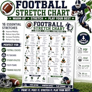 Pode incluir: Um gráfico digital de alongamento de futebol com 16 exercícios ilustrados, instruções, séries e tempos de espera. O cartaz branco inclui texto em azul escuro e verde, um gráfico de bola e o formato A4 de 210 mm por 297 mm.