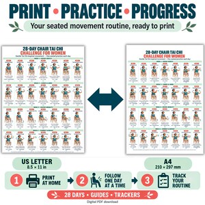 May include: A digital printable 28-day chair Tai Chi challenge guide featuring illustrated seated movement routines. Includes two layout versions, US Letter 8.5 x 11 inches and A4 210 x 297 mm, with step-by-step instructions to print, practice, and track progress.
