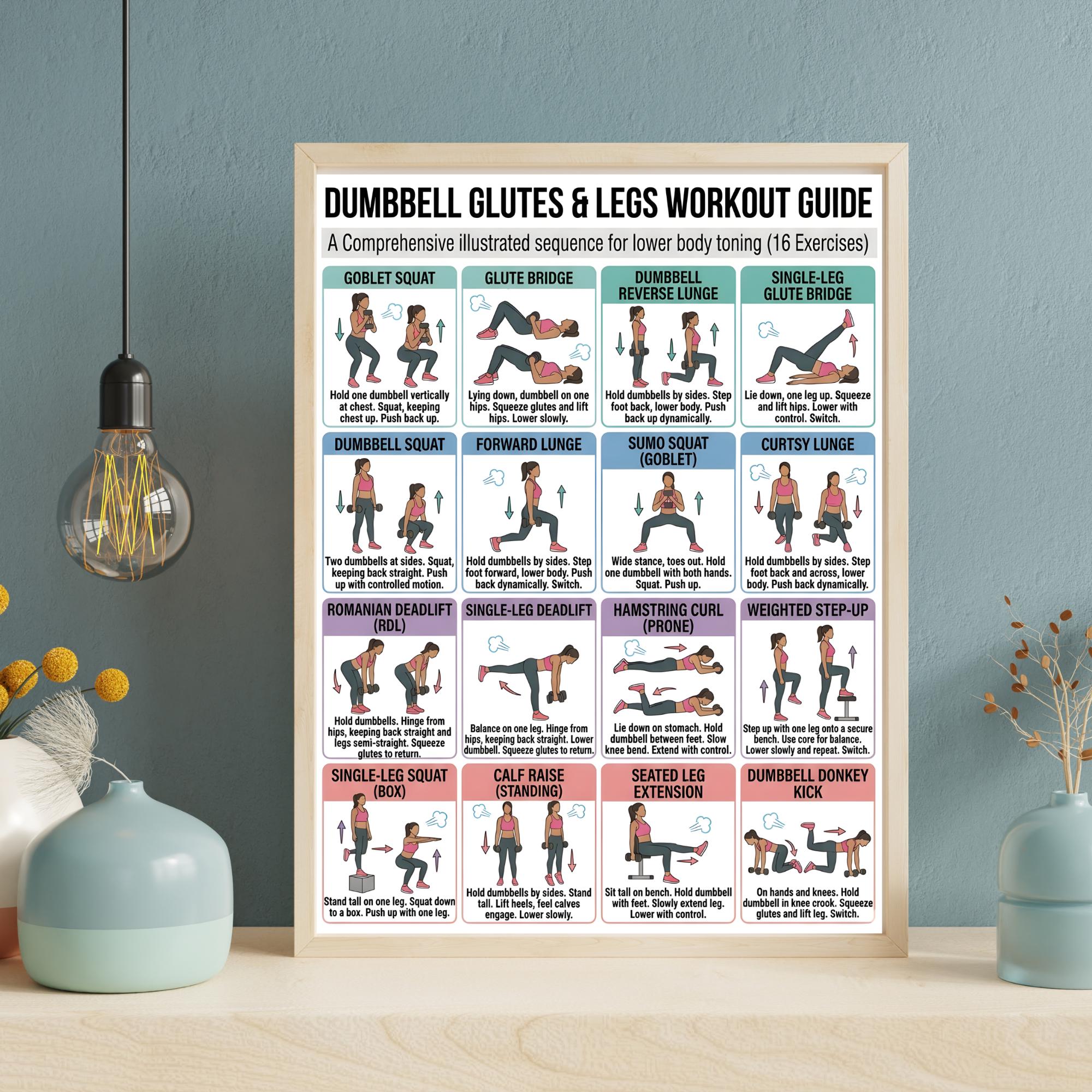 Dumbbell Glutes & Legs Workout Poster | Home Beginner Exercises | Lower ...