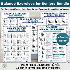 May include: A digital bundle of balance exercise charts for seniors, featuring instructional guides for fall prevention, standing mobility training, and chair exercises. The documents include diagrams, step-by-step routines, and safety tips in English.