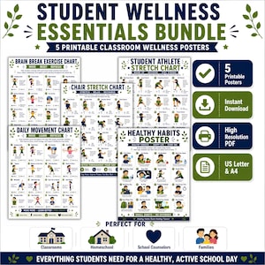 Könnte beinhalten: Ein Student Wellness Essentials Bundle mit fünf druckbaren Klassenzimmer-Postern: Brain Break Exercise Chart, Student Athlete Stretch Chart, Chair Stretch Chart, Daily Movement Chart und Healthy Habits Poster, jeweils mit Illustrationen und Text.