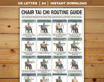 Druckbare Tai Chi Stuhl Workout Routine | Übung Chart Plan PDF | Stuhl Yoga Style Übungen | Digitaler Download