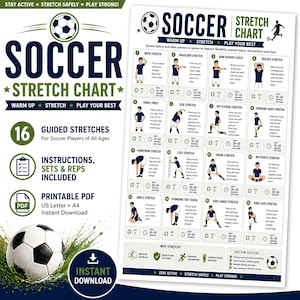 May include: A soccer stretch chart featuring 16 illustrated guided stretches for players. The poster includes text titled Soccer Stretch Chart, instructions for sets and reps, and a soccer ball graphic. It emphasises warming up and stretching.