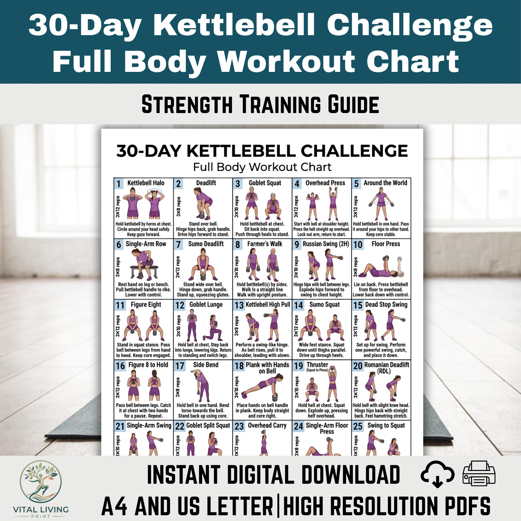 30-day Kettlebell Challenge Poster | Full Body Workout Chart | Home Gym