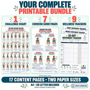 May include: A printable bundle featuring a 28-day chair Tai Chi challenge chart, seven exercise guide pages, and nine wellness trackers. The documents include illustrations of seated movements, instructional text, and progress tracking grids.