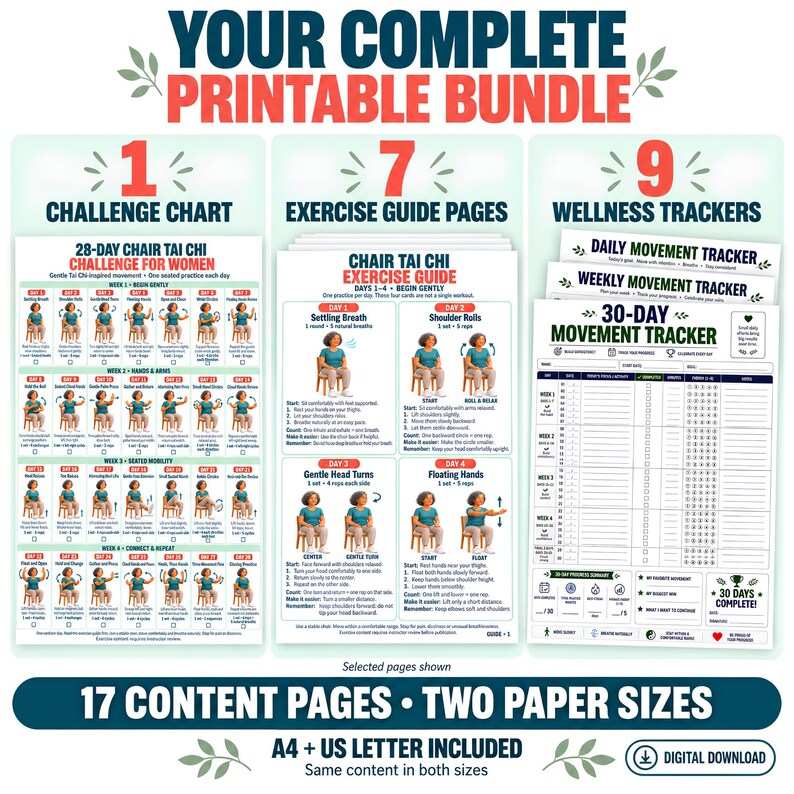 May include: A printable bundle featuring a 28-day chair Tai Chi challenge chart, seven exercise guide pages, and nine wellness trackers. The documents include illustrations of seated movements, instructional text, and progress tracking grids.