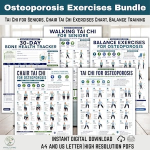 Puede incluir: Un paquete digital de cinco tablas de ejercicios titulado Osteoporosis Exercises Bundle, que incluye Tai Chi para personas mayores, un rastreador de salud ósea de 30 días, Tai Chi al caminar, ejercicios de equilibrio y Tai Chi en silla.