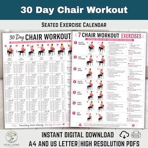 Op de afbeelding: Een wit en roze 30-daagse stoel workout oefenkalender. De kalender bevat een gedetailleerde stapsgewijze handleiding voor beginners. De tekst op de kalender luidt "30 Day Chair Workout" en "Seated Exercise Calendar".