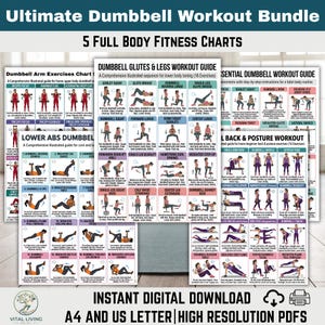 May include: A digital workout bundle featuring five full-body fitness charts. The charts include dumbbell arm exercises, glutes & legs, essential dumbbell workouts, lower abs, and back & posture exercises. The bundle is available as an instant digital download in A4 and US Letter high-resolution PDFs.