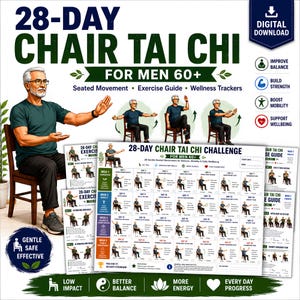 Może przedstawiać: Cyfrowy przewodnik zatytułowany 28-Day Chair Tai Chi for Men 60+ zawierający 28-dniowy kalendarz wyzwań, ilustracje ćwiczeń i trackery dobrego samopoczucia. Dokument zawiera instrukcje dotyczące ruchów w pozycji siedzącej oraz mobilności.
