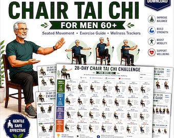 28 Day Chair Tai Chi Challenge for Men 60+ | Seated Tai Chi Workout Bundle | Exercise Guide, Daily Tracker & Wellness Charts | Printable PDF