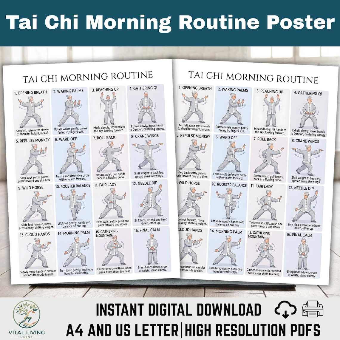 Tai Chi Morning Routine Poster, Printable Qigong Exercise Chart, Senior ...