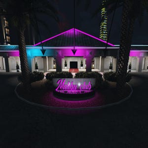 May include: Nighttime exterior shot of a building with neon lighting. The building has a sign that reads "Malibu Club" in a cursive font. The building is lit with pink and blue neon lights. Palm trees frame the entrance.