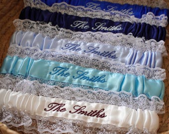 Custom Embroidered Bridal Garter with Name or Date, Personalized Lace Something Blue Keepsake
