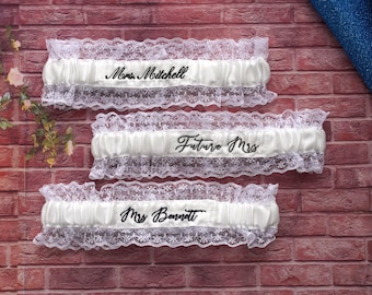 Liga nupcial bordada a medida con nombre o fecha, recuerdo personalizado de encaje azul