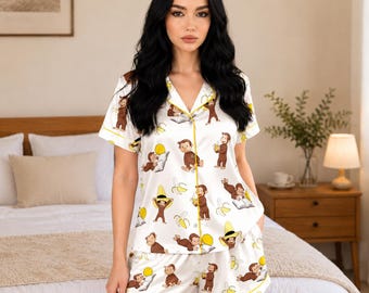 Curious George Monkey Pajamas, Inspired Cartoon Pajama, Classic Cartoon Monkey, Banana Print Sleepwear Set, Gift for her