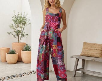 Floral Wide Leg Jumpsuit Sleeveless Loose Fit Casual Dungarees