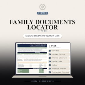 以下が含まれることがあります： ノートパソコンの画面に表示されたデジタル形式のFamily Documents Locatorスプレッドシートテンプレート。インターフェースには、Identity & Personal、Financial & Insurance、Legal & Estate、Medical、Property & Vehicles、Emergency & Directivesを含む7つの整理されたタブがあります。