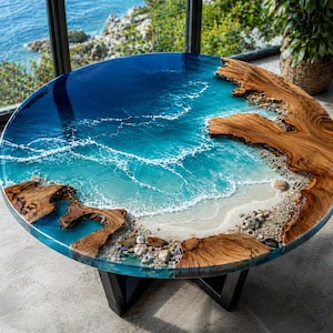 Puede incluir: Mesa redonda de resina epoxi con un diseño oceánico único. La mesa presenta una superficie clara y brillante con una escena oceánica simulada, que incluye olas, arena y detalles de madera. Se apoya en una base negra.