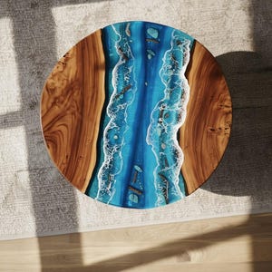 Round Epoxy River Table Top – Ocean Wave Resin Coffee Table – Handcrafted Wood Beach Style