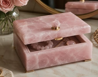 Handmade Rose Quartz Jewelry Box – Natural Pink Crystal Vanity Organizer Gold Accents