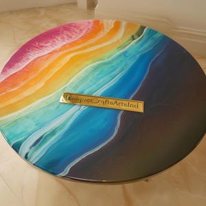 Handgemachte Regenbogen Epoxidharz Tischplatte | Ozean-Wellen-Kunst-Couchtisch