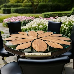 Handcrafted Round Epoxy Dining Table – Floral Wood Inlay Resin Art Slab
