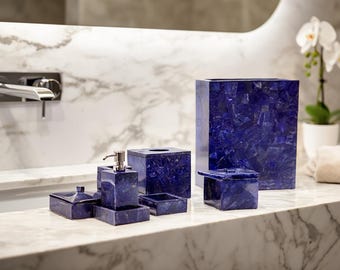 Luxury Blue Lapis Lazuli Bathroom Accessories Set – Handmade Semi Precious Stone Vanity Décor