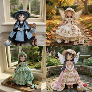 May include: Four crochet dolls are displayed, each with unique outfits and accessories. One doll wears a blue dress and hat, another a white dress with wings, a third a green dress, and the last a pink dress with a long train. Each doll has a distinct hairstyle.
