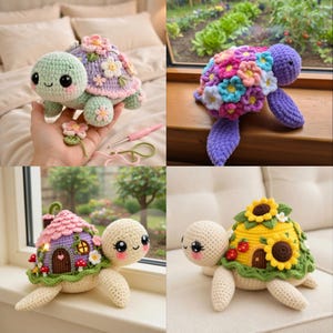 May include: Four crocheted turtle figurines with distinct shell designs. The shells are decorated with flowers, a house, and sunflowers. The turtles are in shades of green, purple, and yellow. The figurines are handmade.