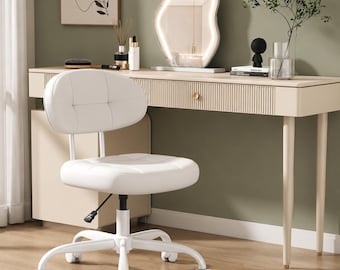 White Faux Leather Vanity Chair with Wheels, Armless Swivel Desk Seating