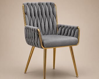 Silla de comedor de terciopelo, respaldo tejido a mano, patas de metal dorado, silla auxiliar moderna.
