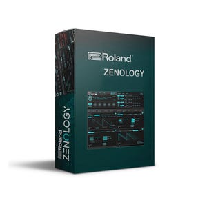 Op de afbeelding: Een teal box met het Roland-logo en het woord ZENOLOGY. De doos toont een software-interface met bedieningselementen en grafieken. De zijkant van de doos heeft ook het Roland-logo en het woord ZENOLOGY.