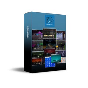 May include: A blue software box for the FabFilter Total Bundle. The front features the FabFilter logo at the top and a collage of various audio plugin interface windows with colorful graphs, knobs, and sliders. The text Total bundle is on the side.